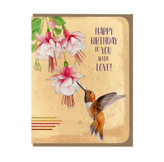 Birthday - Hummingbird and Fuschias - Greeting Card