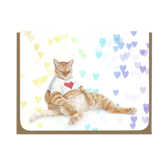 Loving Orange Tabby Cat and Hearts - Greeting Card