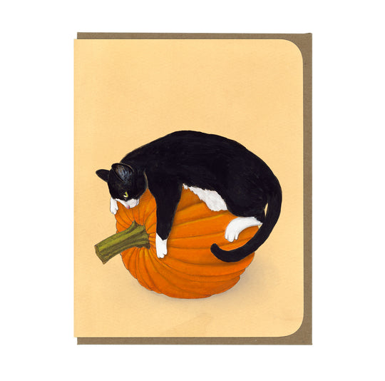 Tuxedo Cat and Pumpkin - Greeting Card