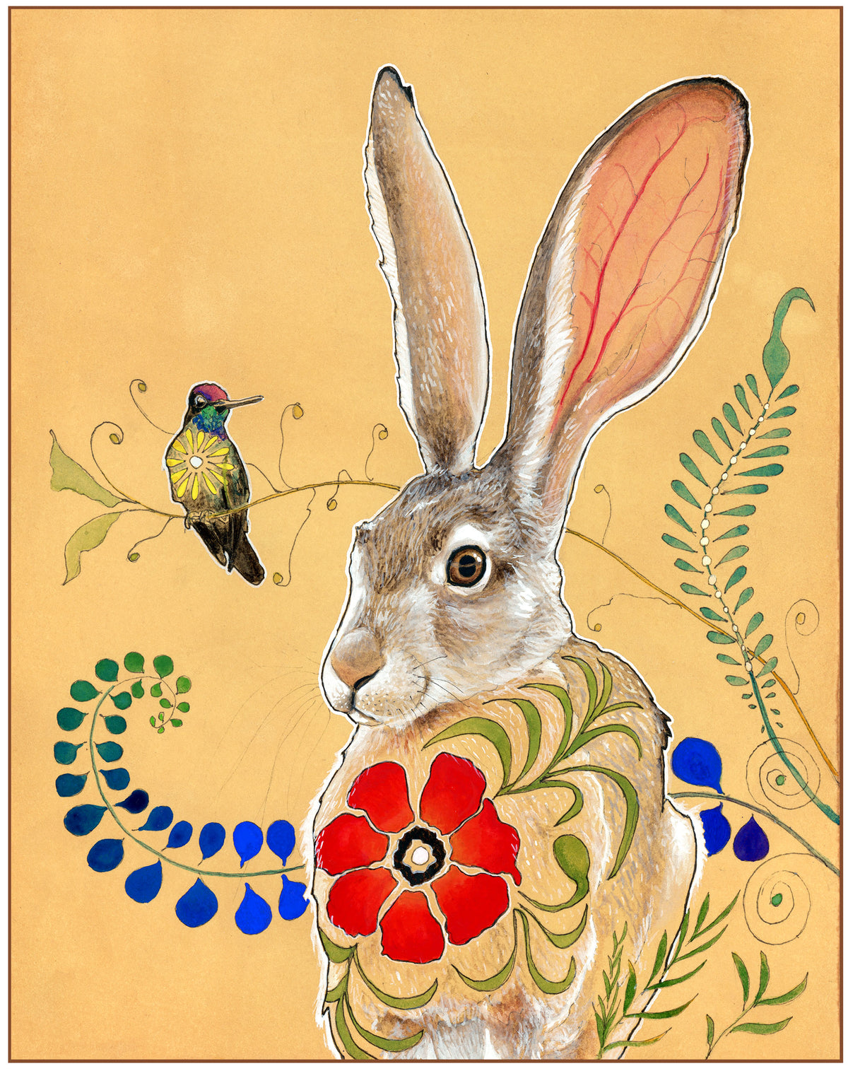 Jackrabbit and Hummingbird Print