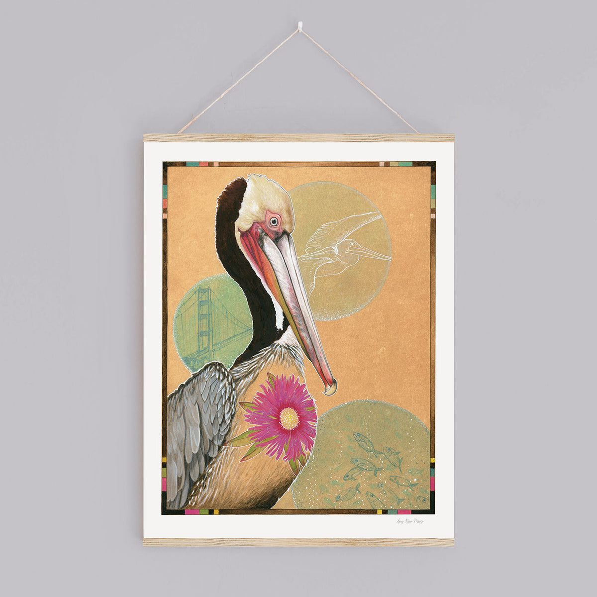 Brown Pelican with Flower Print