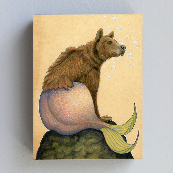 Bear Mermaid with Pink Tail - Wood Panel Print