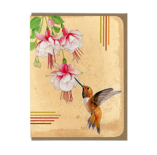 Rufous Hummingbird and Flowers  - Greeting Card