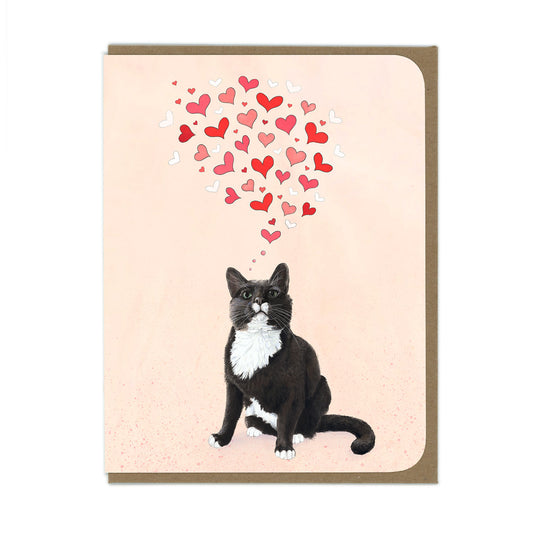 Tuxedo Cat with Hearts - Greeting Card