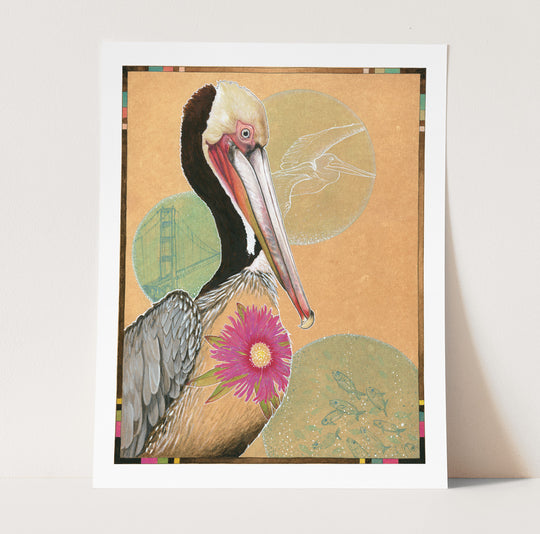 Brown Pelican with Flower Print
