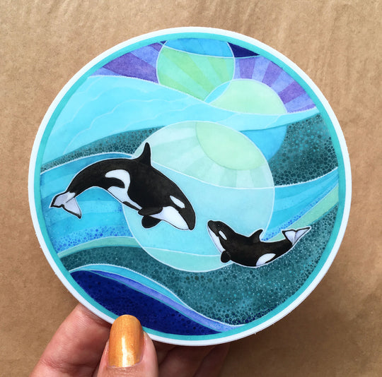 Mama Orca and Baby Whales - Sticker