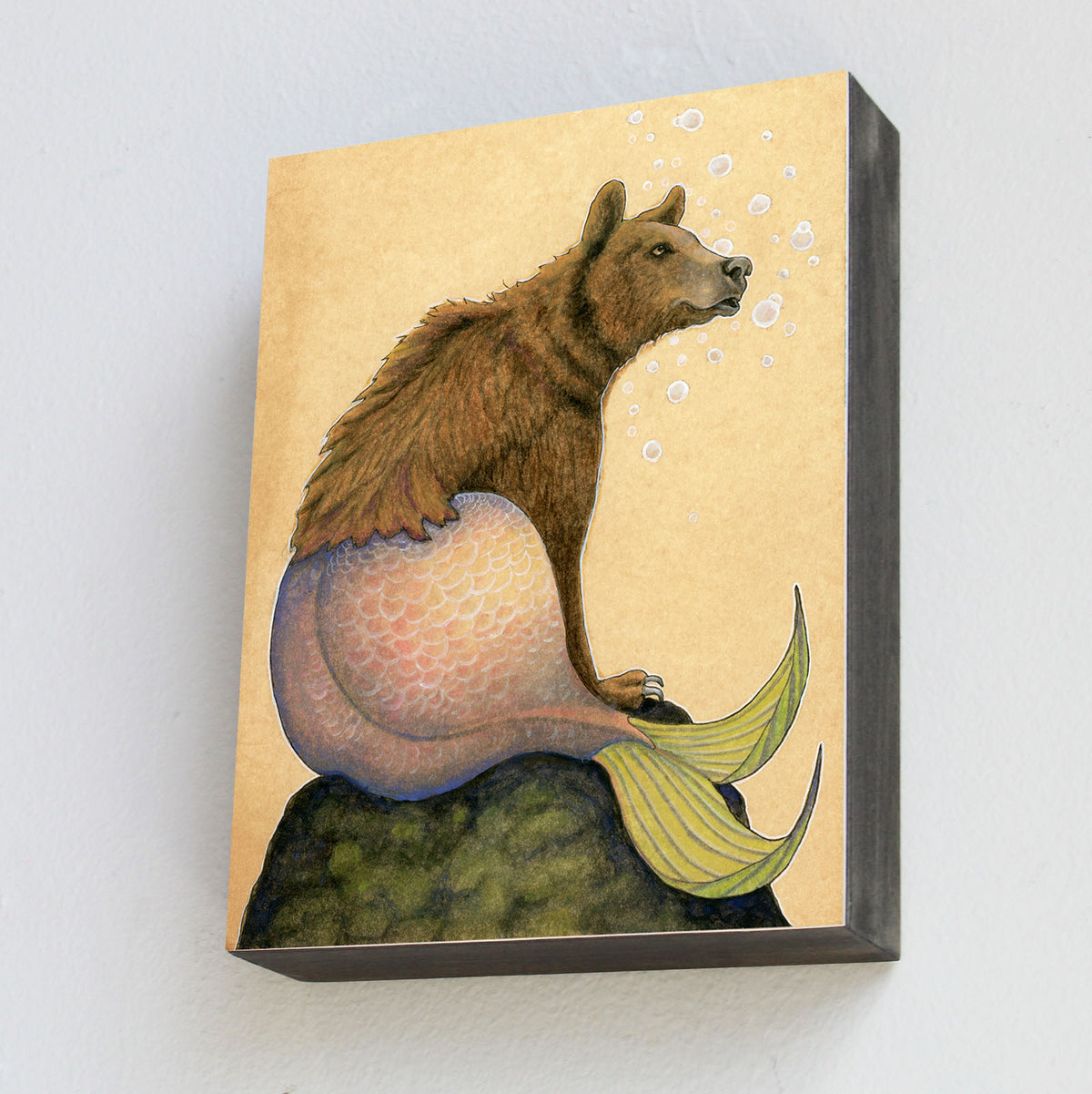 Bear Mermaid with Pink Tail - Wood Panel Print