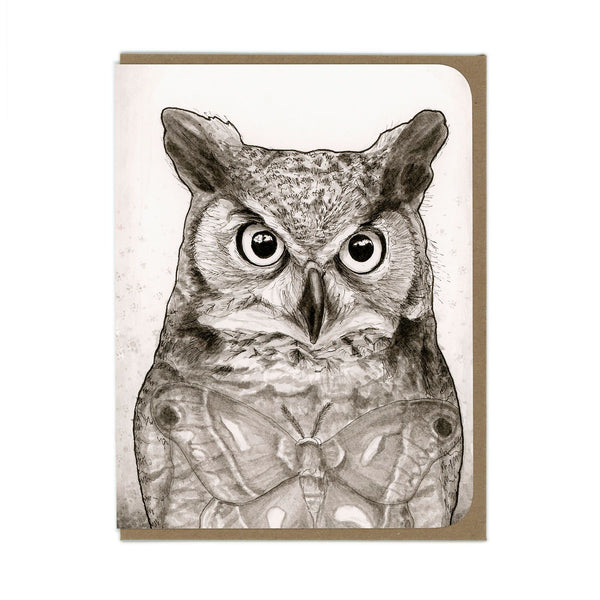 Great Horned Owl and Moth - Greeting Card