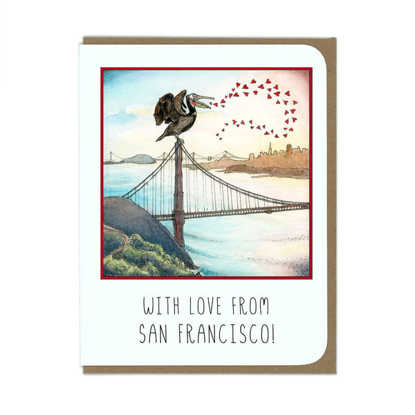 Pelican, Hearts and Golden Gate Bridge - Greeting Card