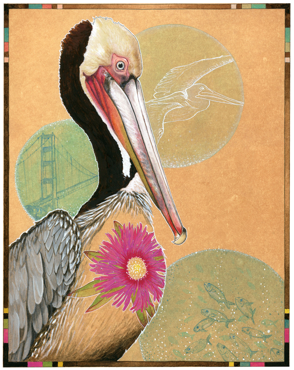Brown Pelican with Flower Print